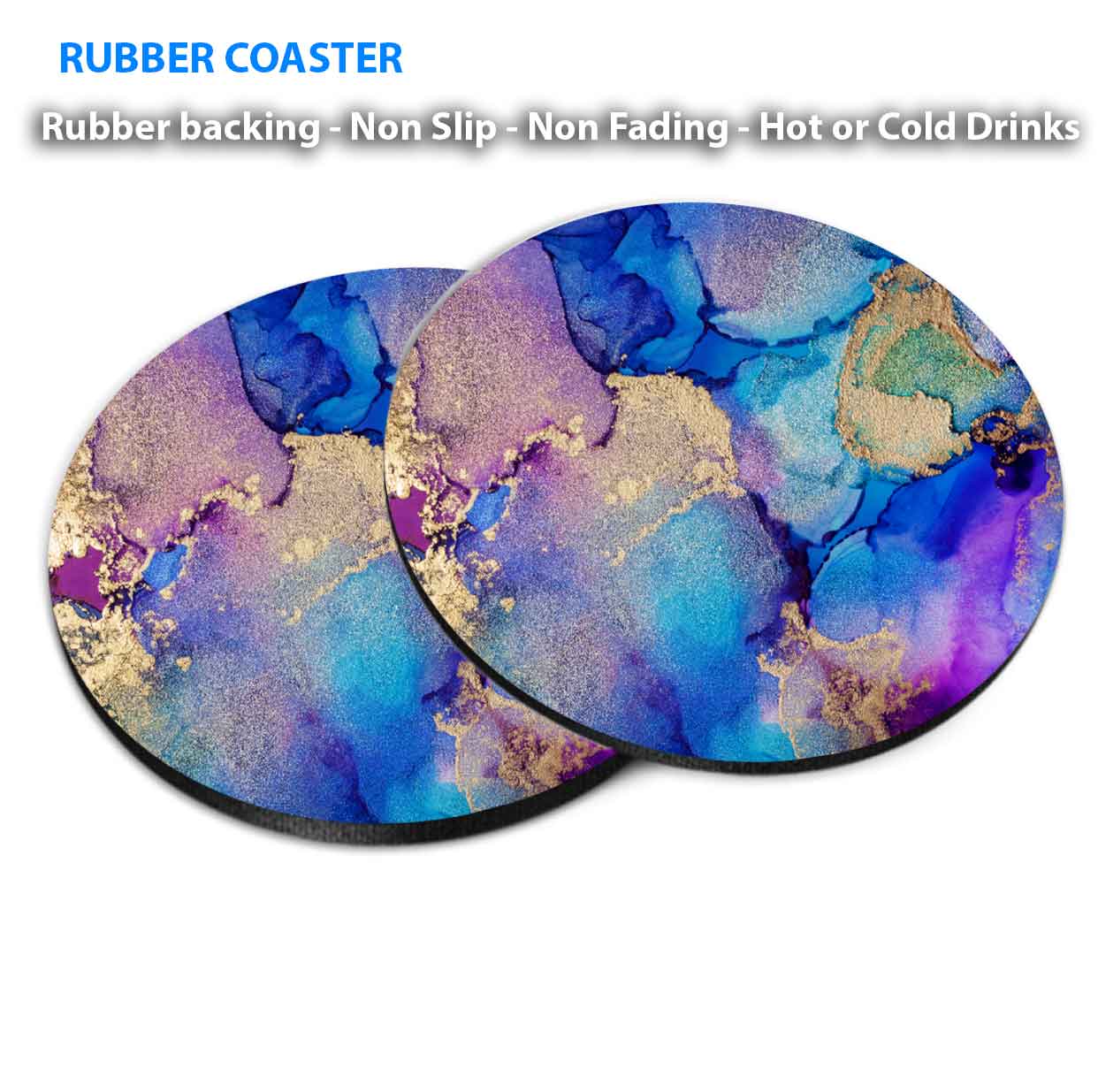 Pink Blue Gold Splash Abstract Design Coasters Wood & Rubber - Set of 6 Coasters