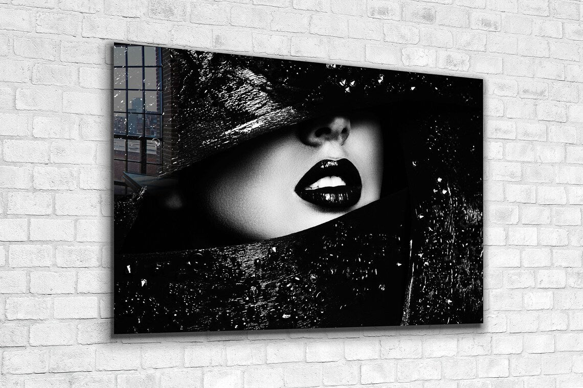 B&W Girl with Hat Lips Print Tempered Glass Wall Art 100% Made in Australia Ready to Hang