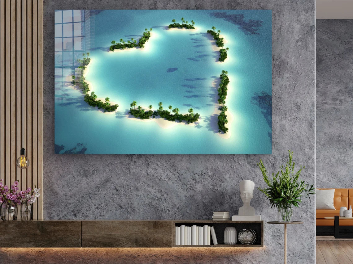 Heart Shape Island Print Tempered Glass Wall Art 100% Made in Australia Ready to Hang