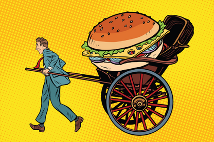 Man Pulling a Cart with A Huge Hamburger Illustration Print 100% Australian Made