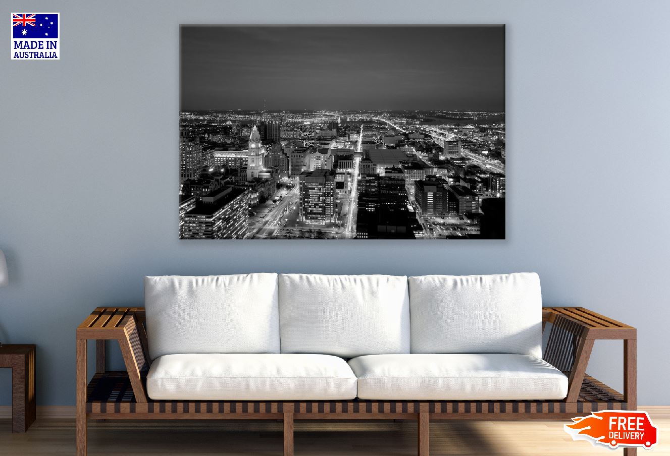 Philadelphia Cityscape Aerial Night View B&W Photograph Print 100% Australian Made