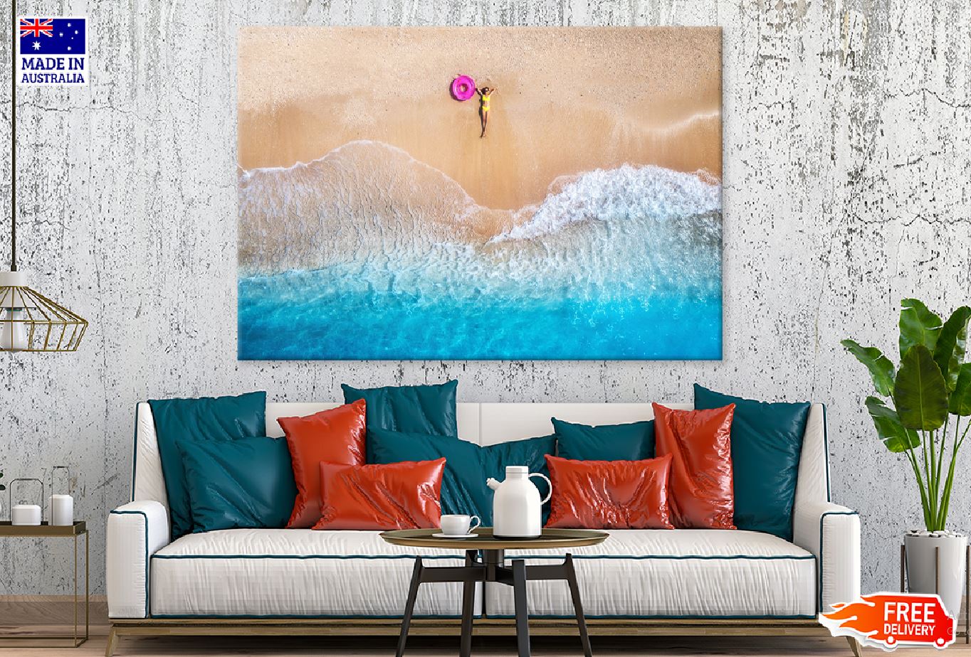 Girl on Sandy Sea & Waves Aerial View Photograph Print 100% Australian Made