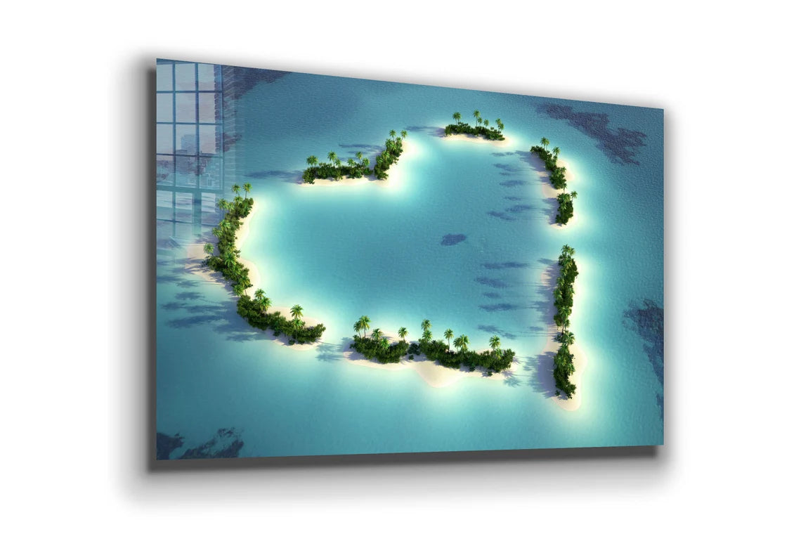 Heart Shape Island Print Tempered Glass Wall Art 100% Made in Australia Ready to Hang