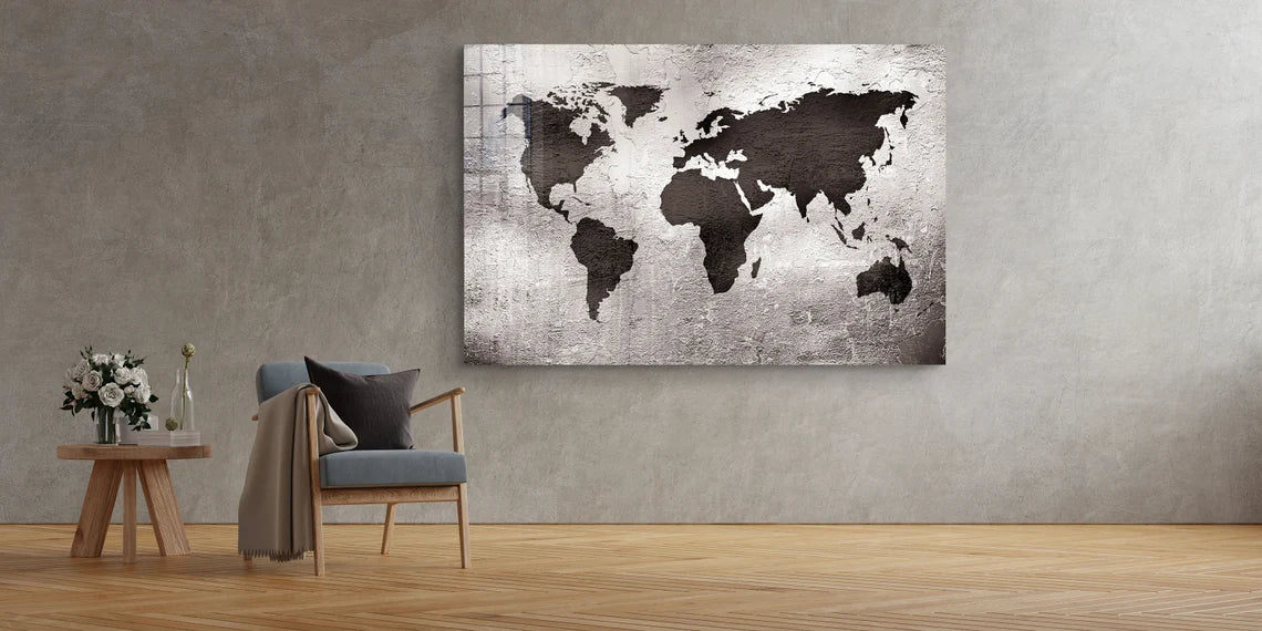 Silver World Map Vector Print Tempered Glass Wall Art 100% Made in Australia Ready to Hang