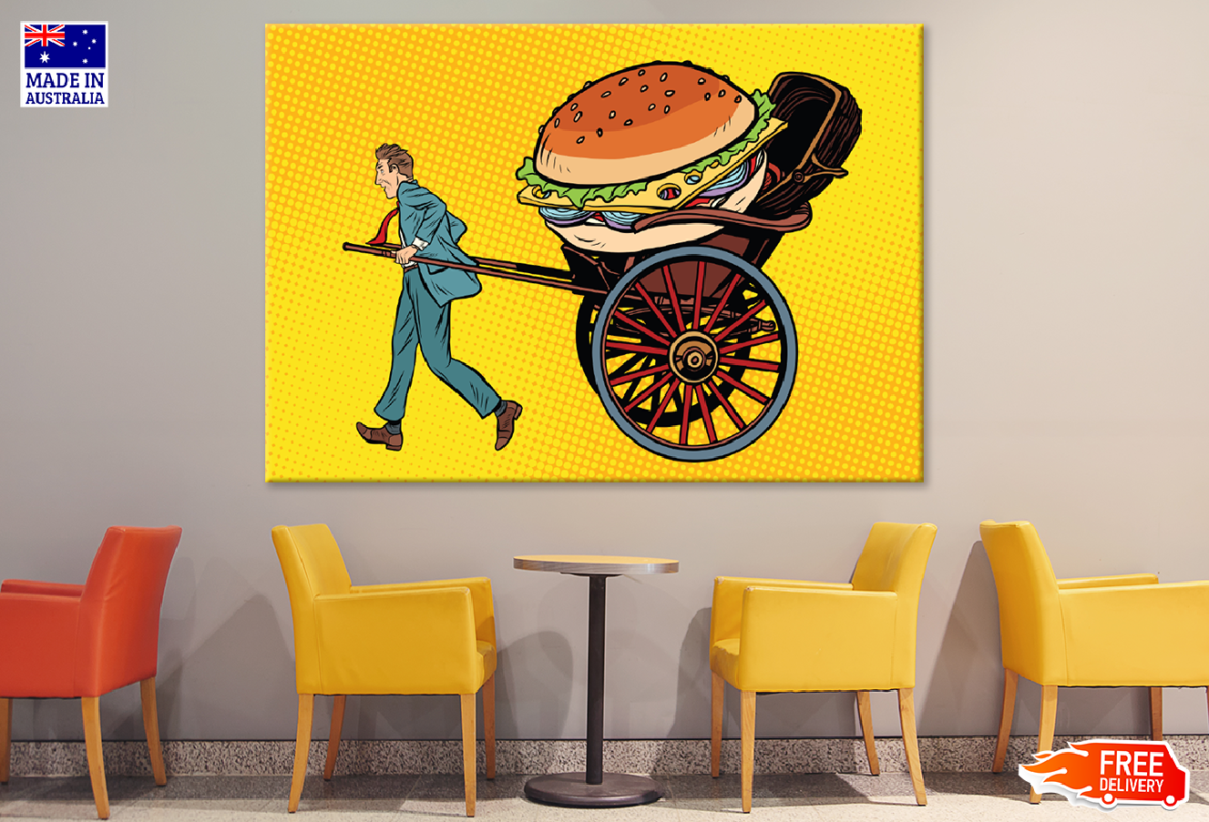 Man Pulling a Cart with A Huge Hamburger Illustration Print 100% Australian Made