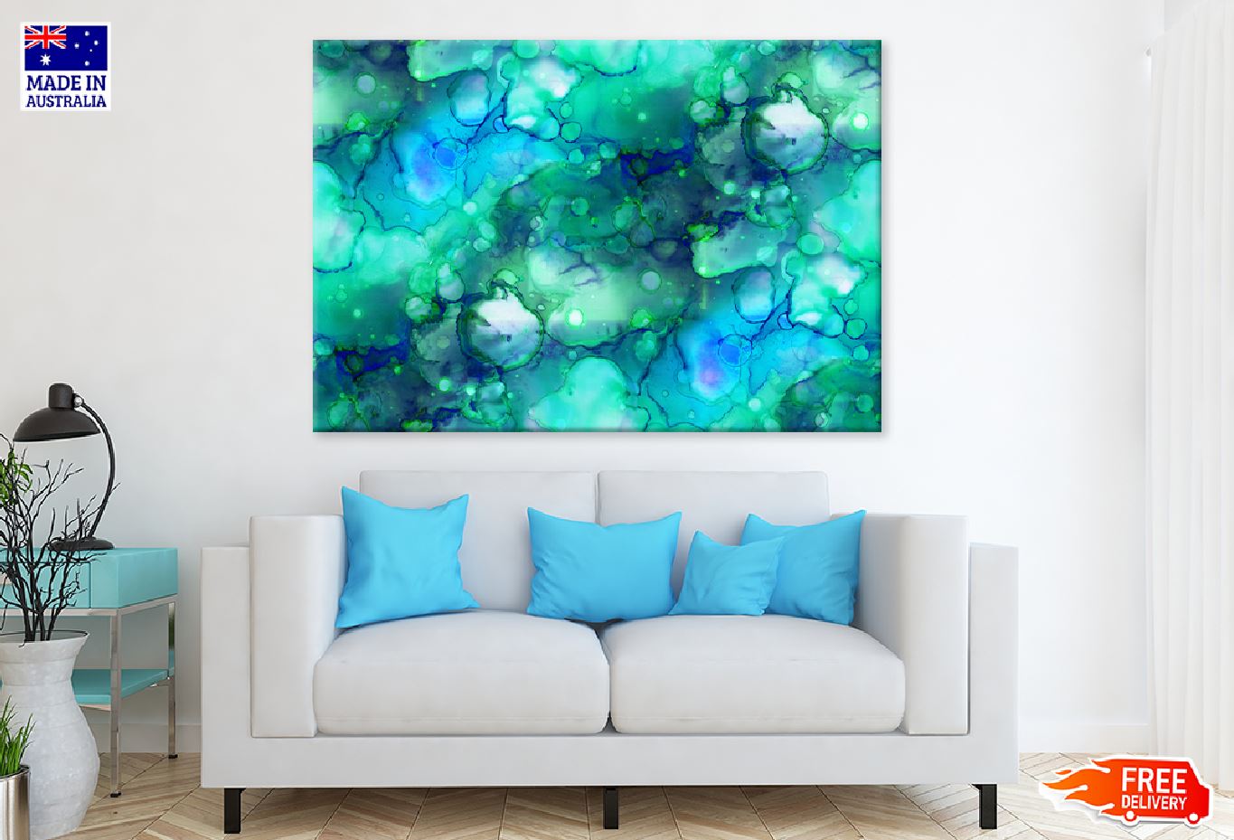 Green Bubbles & Blue Abstract Design Print 100% Australian Made