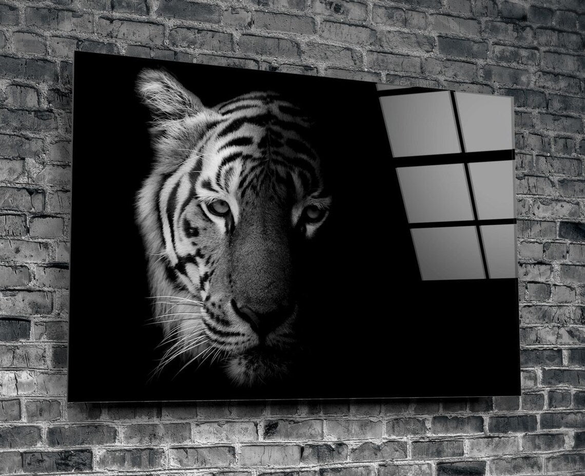 Tiger Monochrome B&W Print Tempered Glass Wall Art 100% Made in Australia Ready to Hang