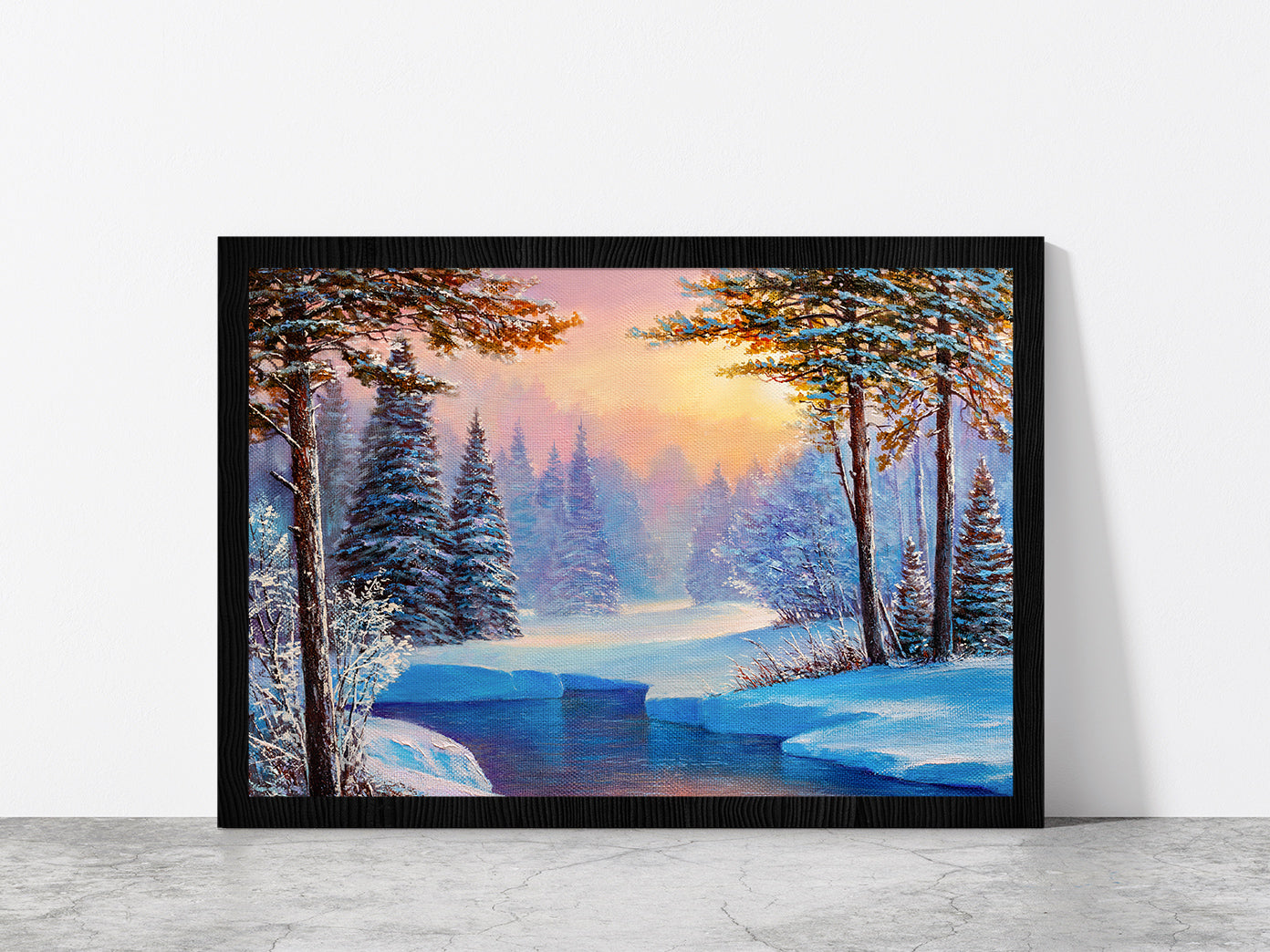 Winter Landscape With The River Glass Framed Wall Art, Ready to Hang Quality Print Without White Border Black