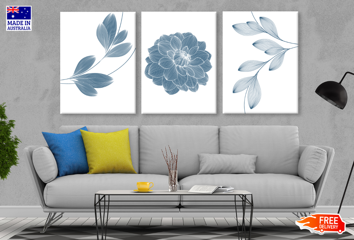 3 Set of Blue Dahlia Floral Art High Quality print 100% Australian made wall Canvas ready to hang