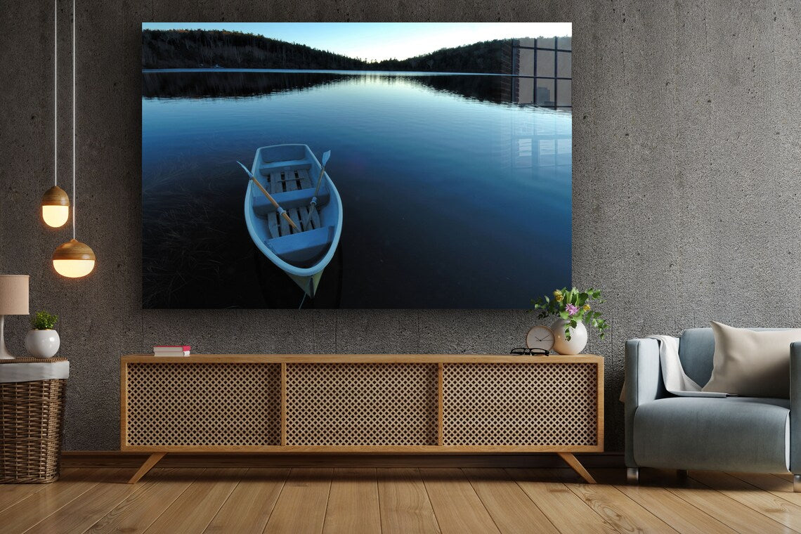 Boat on Calm Lake View Print Tempered Glass Wall Art 100% Made in Australia Ready to Hang