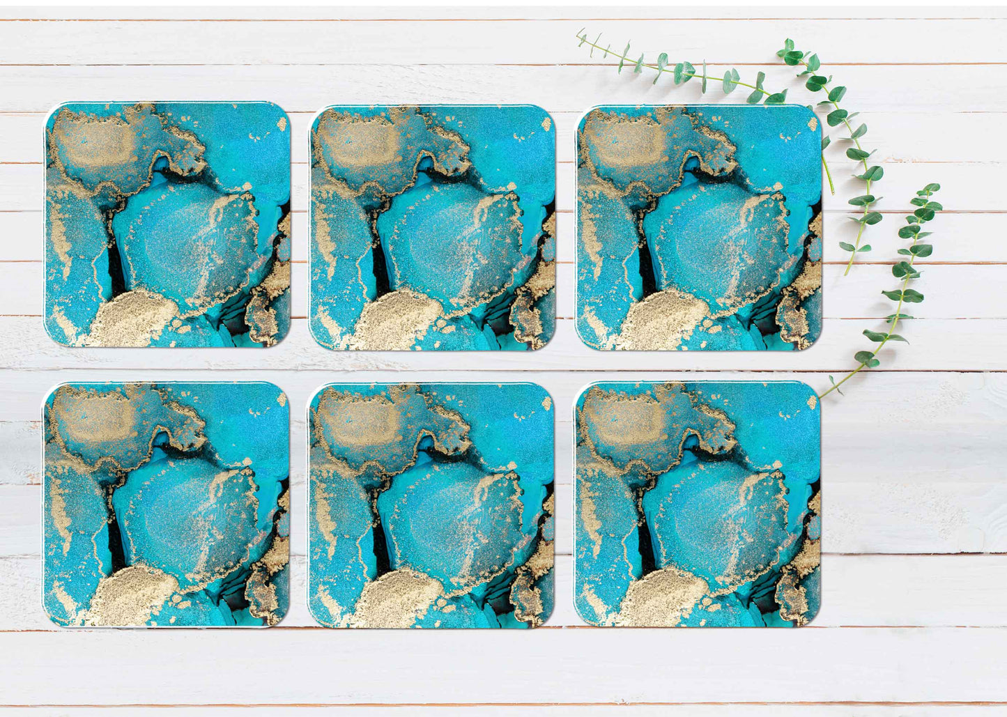 Blue Gold Splash Abstract Design Coasters Wood & Rubber - Set of 6 Coasters