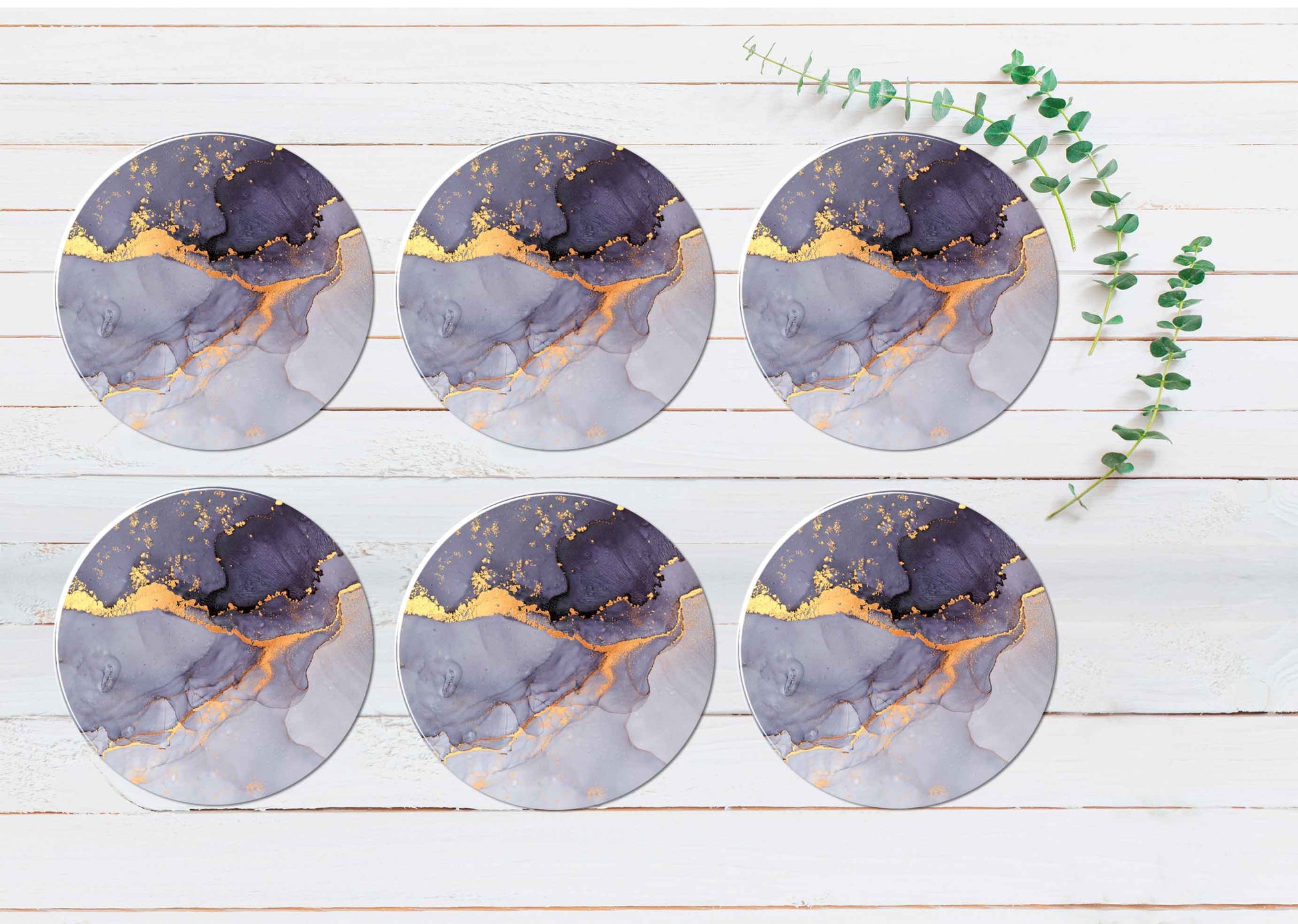 Purple Grey Gold Splash Abstract Coasters Wood & Rubber - Set of 6 Coasters