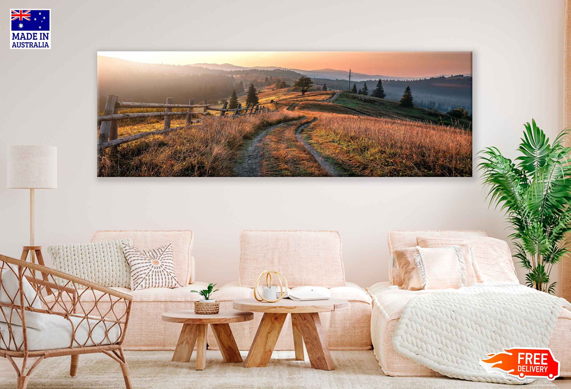 Panoramic Canvas Pathway & Grassy Meadow Hill Sunset Photograph High Quality 100% Australian Made Wall Canvas Print Ready to Hang