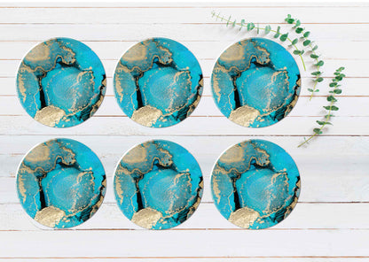 Blue Gold Splash Abstract Design Coasters Wood & Rubber - Set of 6 Coasters