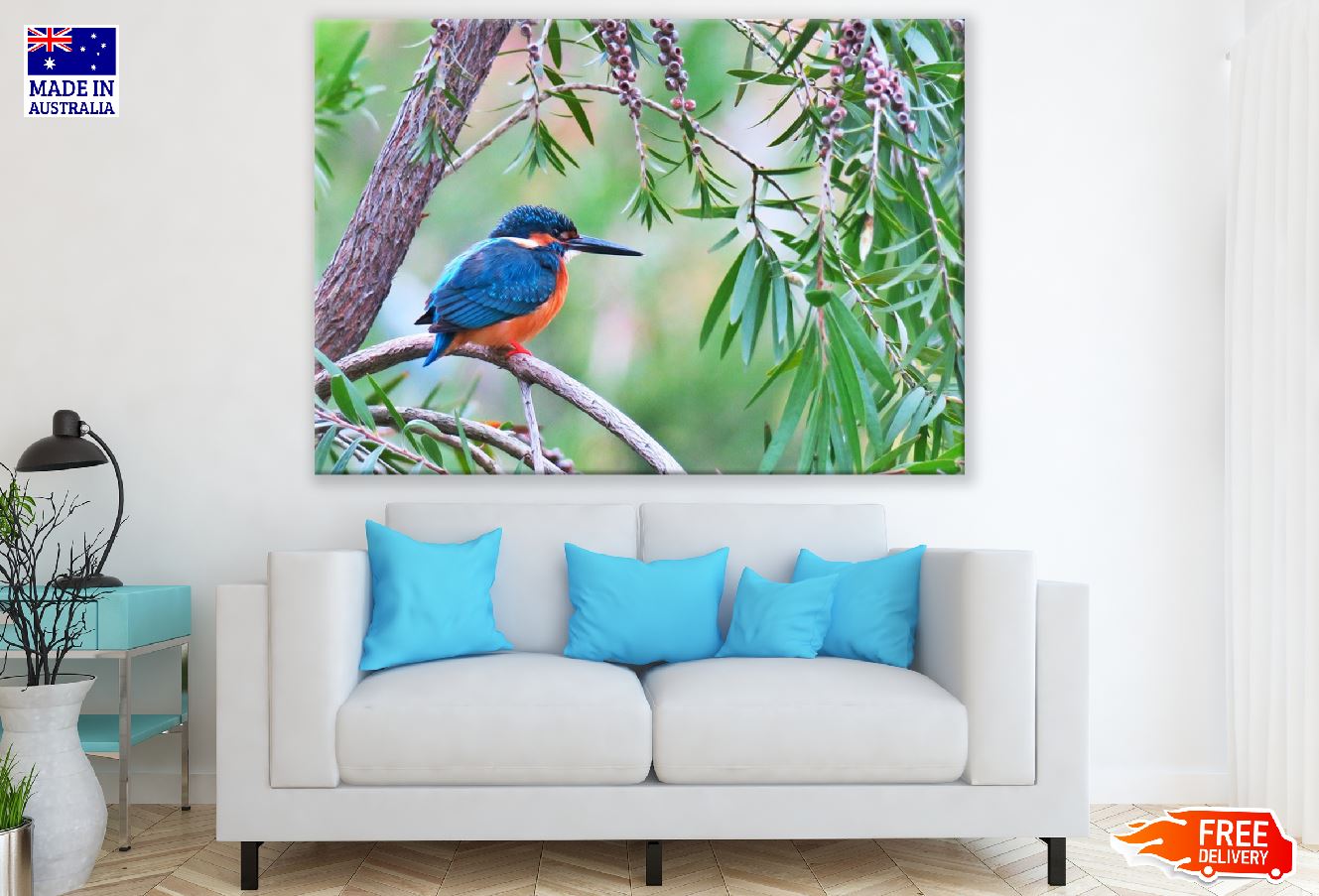 Kingfisher Bird on Tree Branch Photograph Print 100% Australian Made