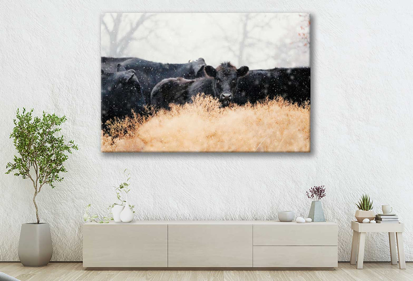 Bella Home Black Calves with Cows in Winter Print Canvas Ready to hang