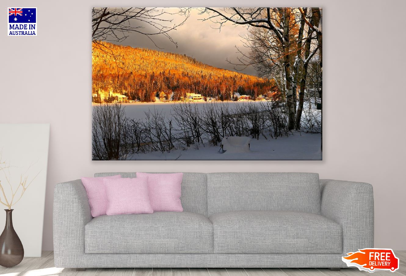 Autumn Forest & Snow Covered Field Sunset Photograph Print 100% Australian Made