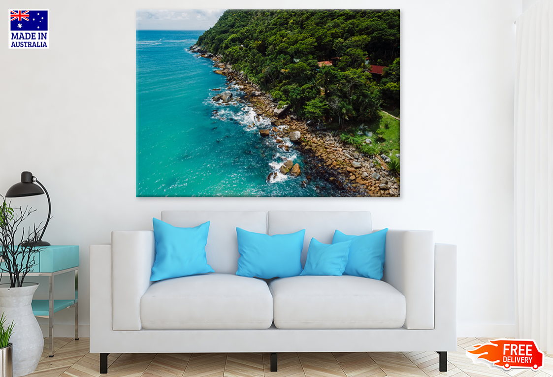 Trees Rocks & Boat On Sea View Print 100% Australian Made