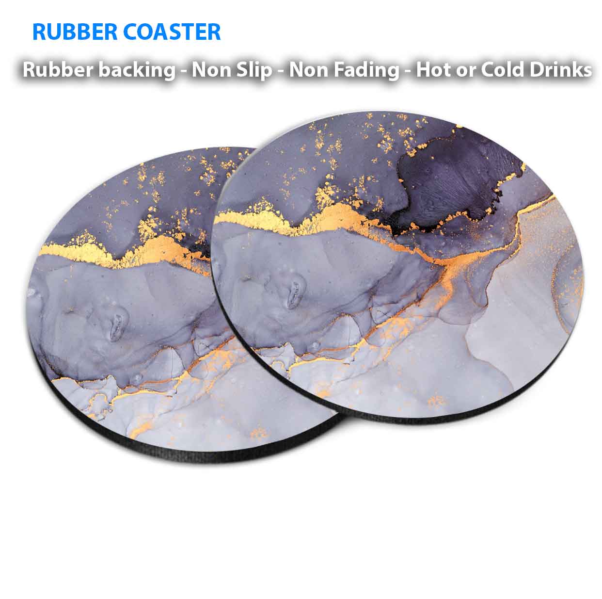 Purple Grey Gold Splash Abstract Coasters Wood & Rubber - Set of 6 Coasters