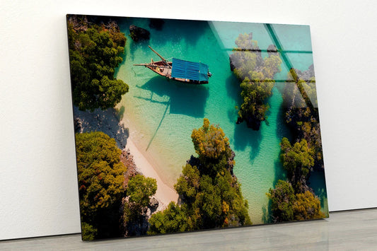 Boat on Sea with Forest Aerial View Photograph Acrylic Glass Print Tempered Glass Wall Art 100% Made in Australia Ready to Hang