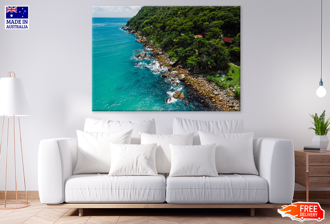 Trees Rocks & Boat On Sea View Print 100% Australian Made