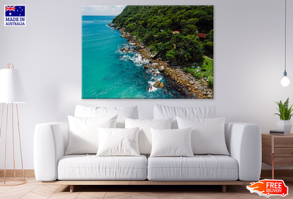 Trees Rocks & Boat On Sea View Print 100% Australian Made