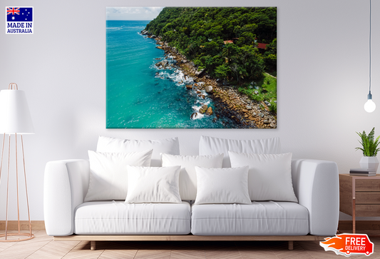Trees Rocks & Boat On Sea View Print 100% Australian Made