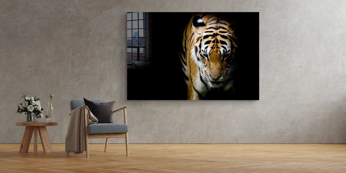 Tiger on Dark View Print Tempered Glass Wall Art 100% Made in Australia Ready to Hang