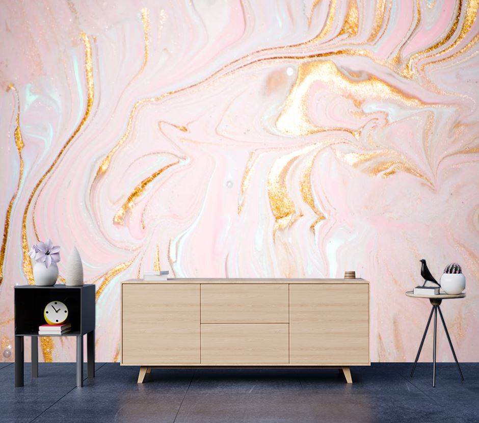 Wallpaper Murals Peel and Stick Removable Pink & Gold Abstract Granite Design High Quality