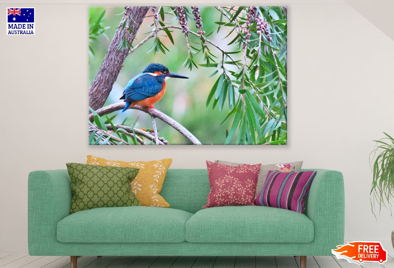 Kingfisher Bird on Tree Branch Photograph Print 100% Australian Made