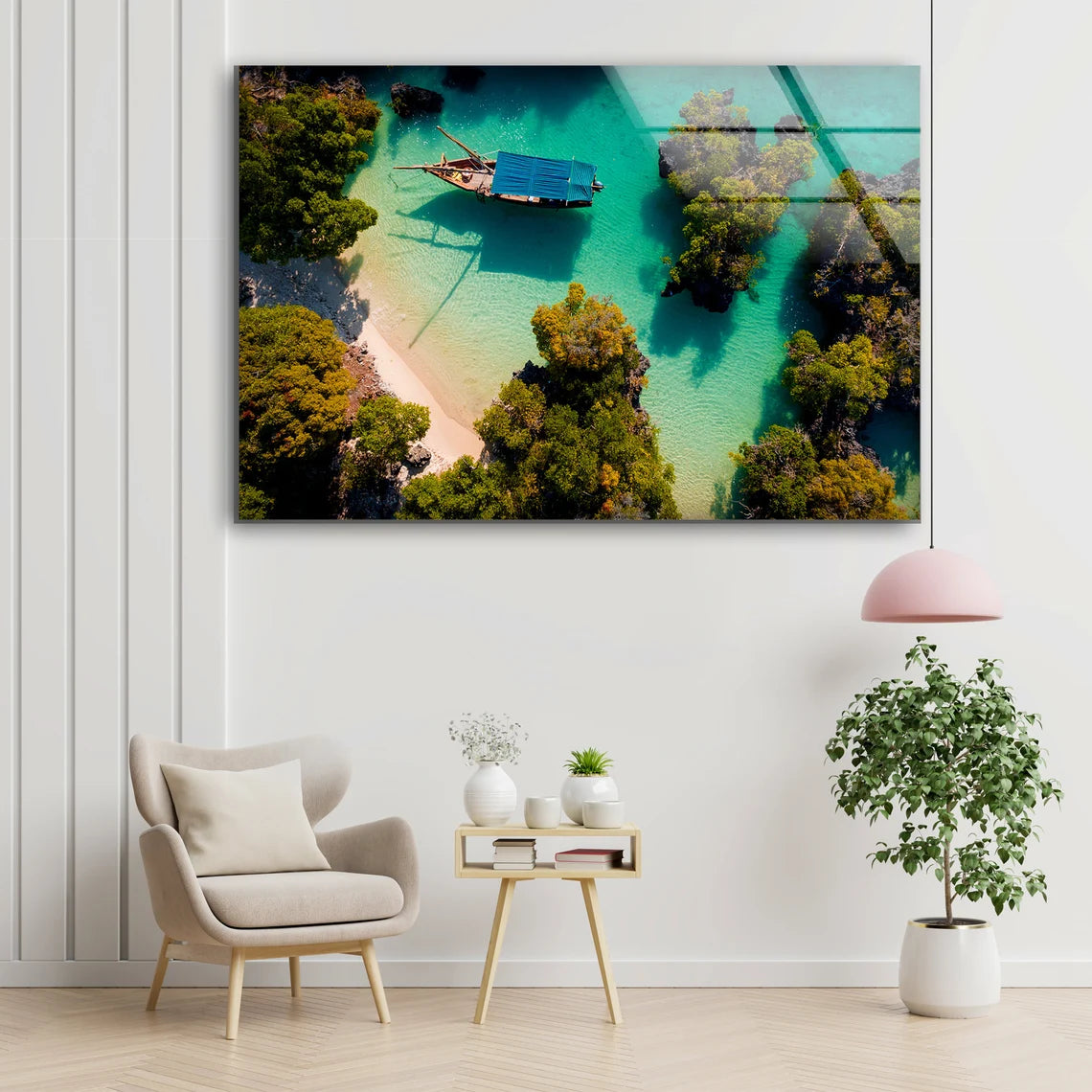 Boat on Sea with Forest Aerial View Photograph Acrylic Glass Print Tempered Glass Wall Art 100% Made in Australia Ready to Hang