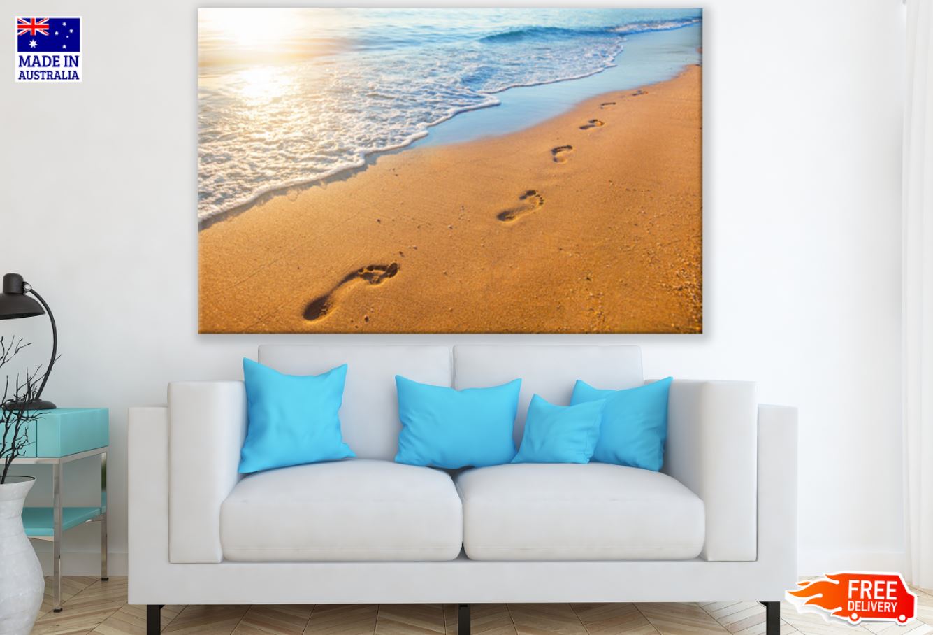 Foot Prints on Sea Shore Sunset Print 100% Australian Made