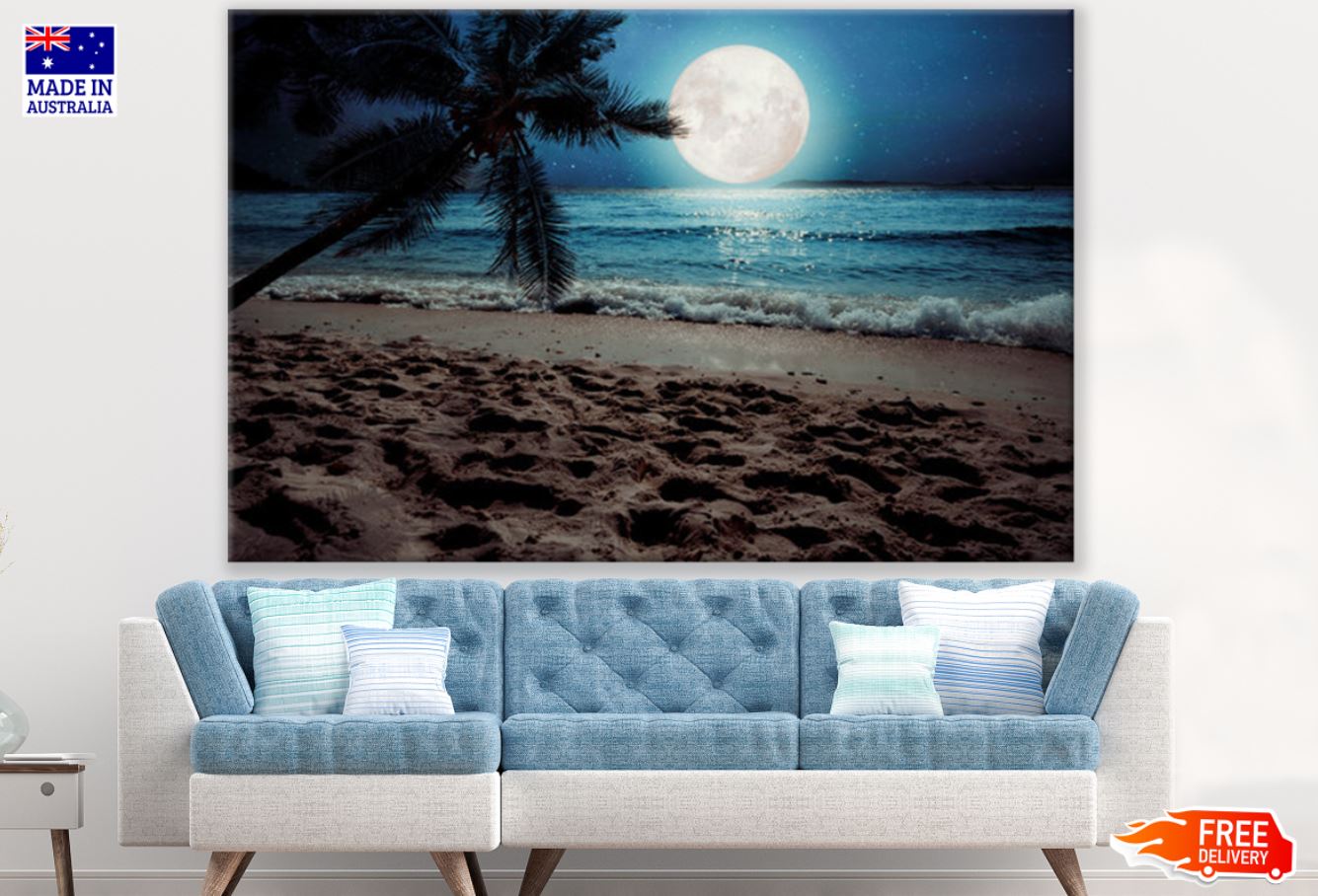 Palm Tree & Sea with Moon Scenery Print 100% Australian Made