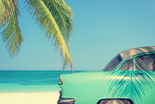 Blue Vintage Car near Sea Print 100% Australian Made