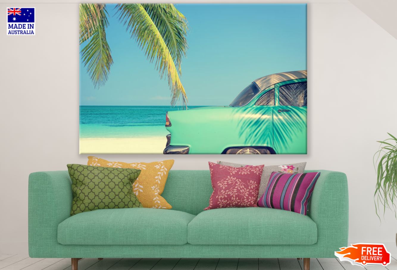 Blue Vintage Car near Sea Print 100% Australian Made