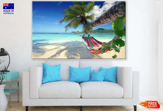 Hammock on Palm Tree at Sea View Print 100% Australian Made