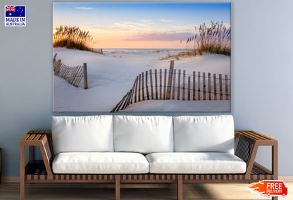 Wooden Fence on Sea Shore Sunset Print 100% Australian Made