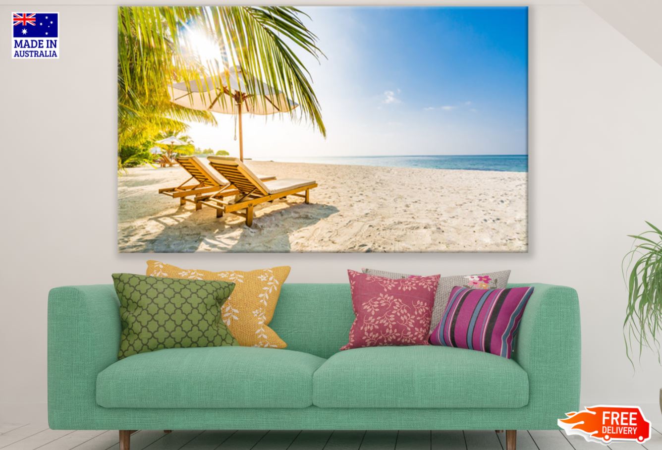 Palm Trees & Beach Hut on Shore Print 100% Australian Made
