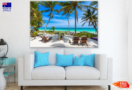 Chairs on Sea Shore Scenery View Print 100% Australian Made