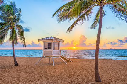 Beach Hut & Palm Trees Sunset Print 100% Australian Made