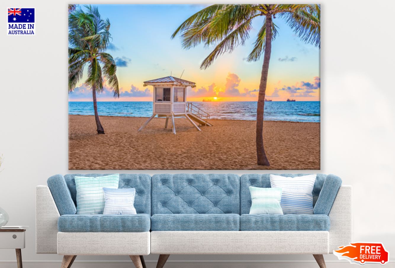 Beach Hut & Palm Trees Sunset Print 100% Australian Made