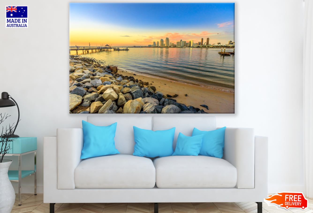 Sea & City Buildings Sunset View Print 100% Australian Made