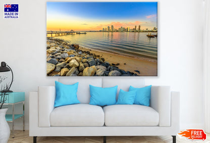 Sea & City Buildings Sunset View Print 100% Australian Made