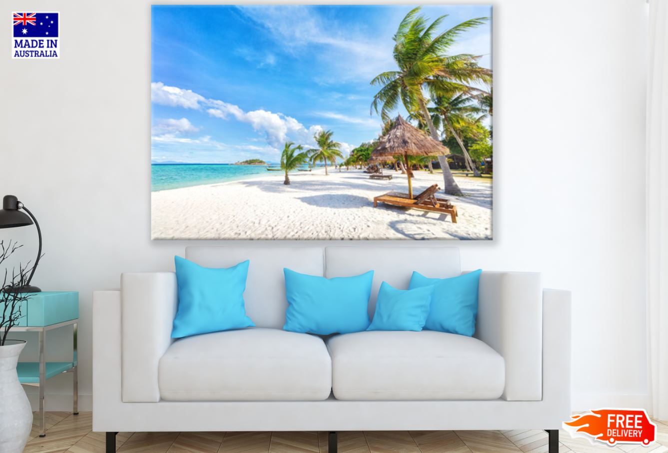 Palm Trees & Beach Hut Sea Scenic Print 100% Australian Made