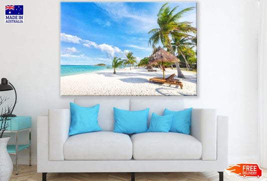Palm Trees & Beach Hut Sea Scenic Print 100% Australian Made