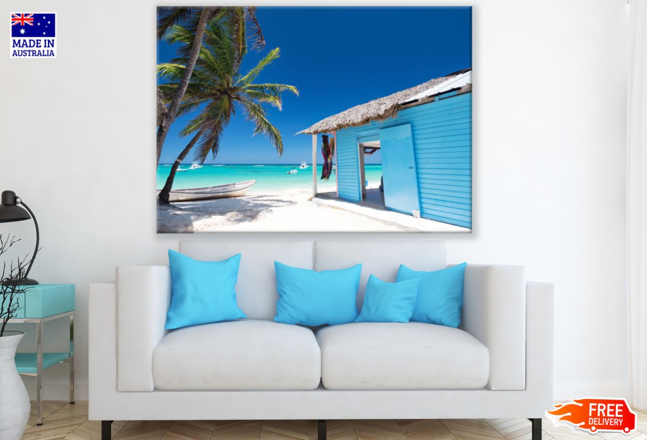 House Near Sea Palm Tree Scenery Print 100% Australian Made