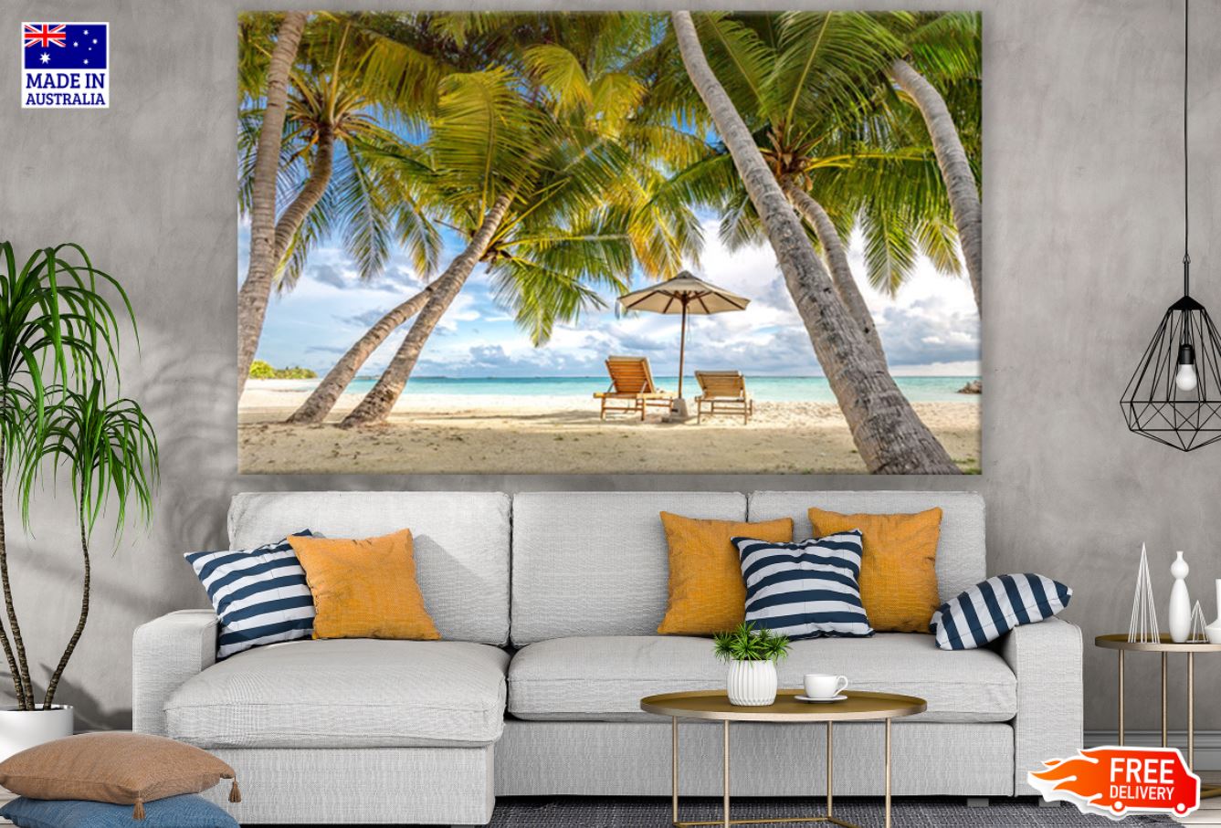 Palm Trees & Beach Hut on Shore Print 100% Australian Made