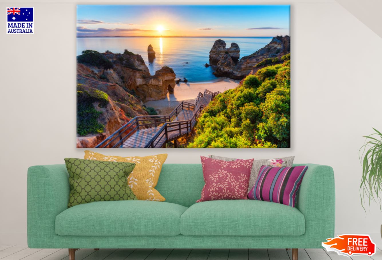 Stairs to Sea Shore Scenery View Print 100% Australian Made