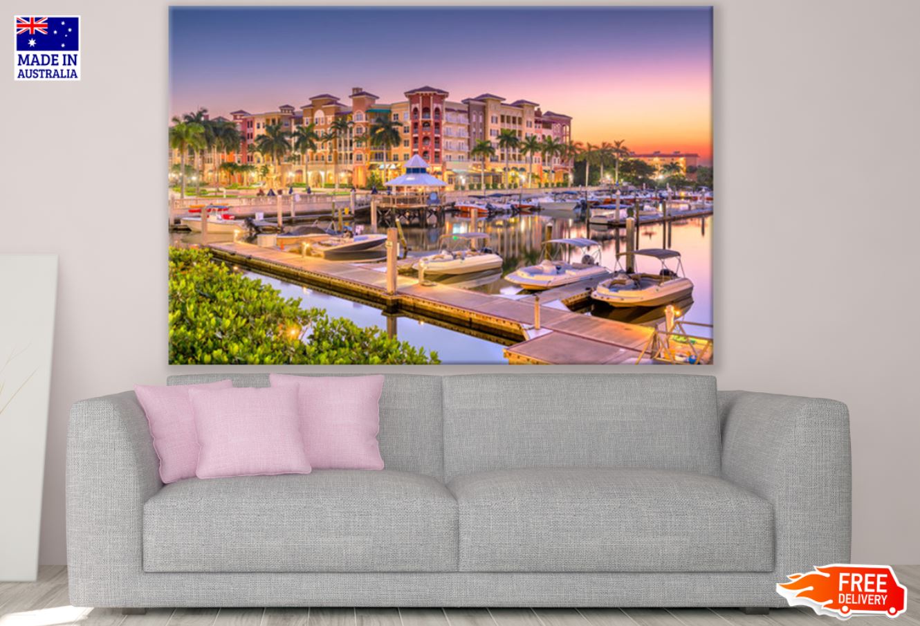 Boats on Bay & City Sunset View Print 100% Australian Made