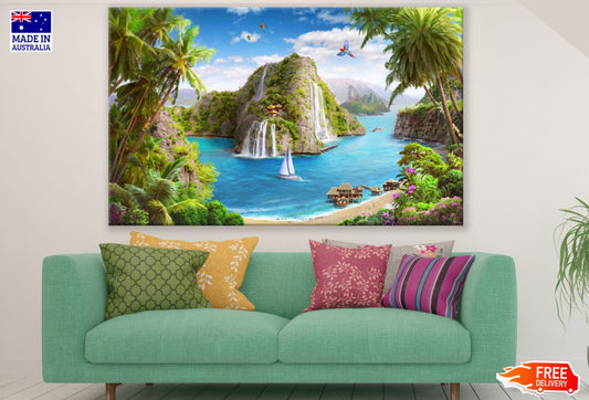 Mountain with Waterfall & Sea Print 100% Australian Made